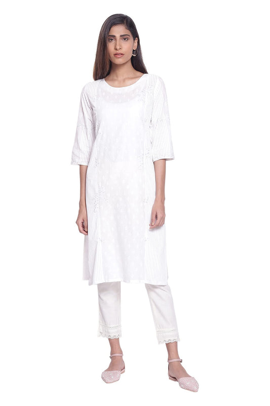 W for Woman Women Cotton Stripe & Floral Print Regular Kurta