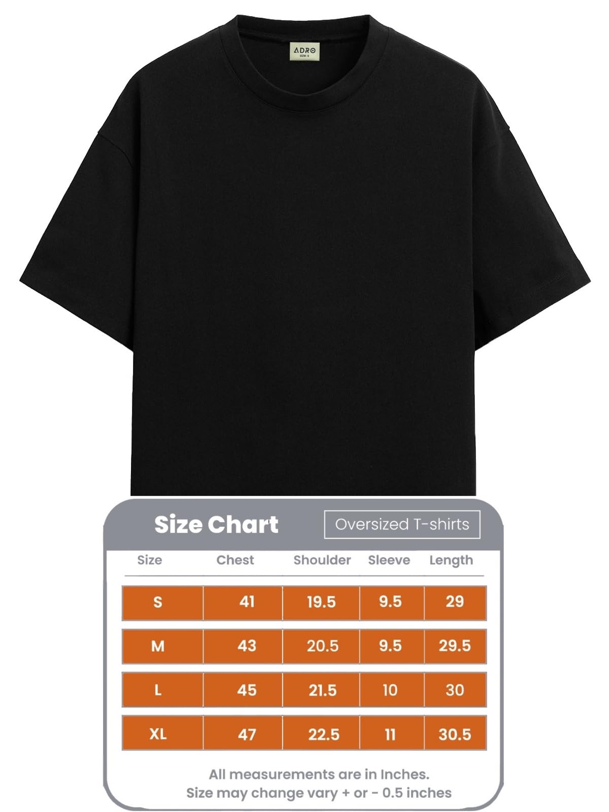 ADRO Men's Solid Oversized Fit T-Shirt (OVR24-L1-CHL-BL_Black