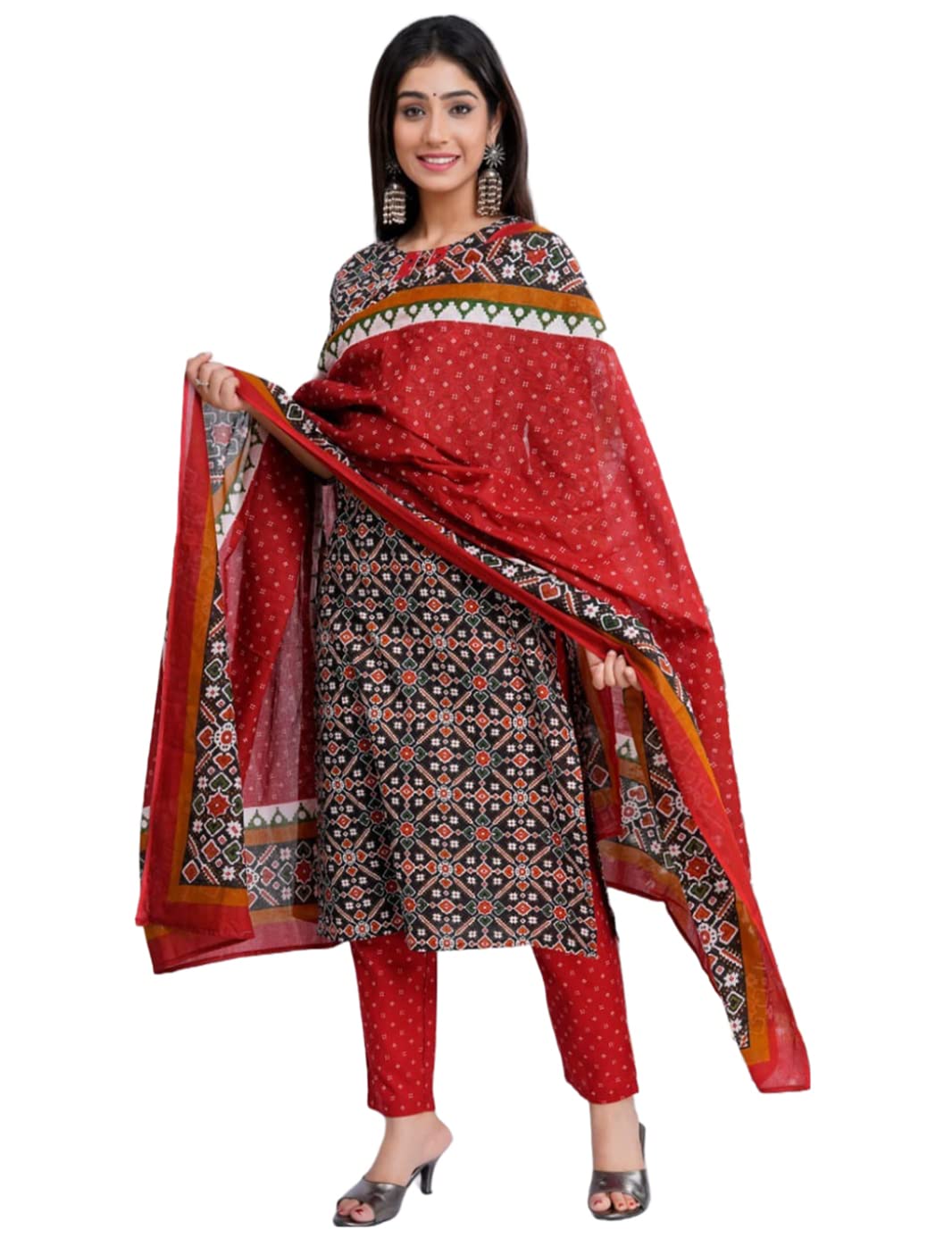 GoSriKi Women's Cotton Blend Straight Printed Kurta with Pant & Dupatta (Makshi-NW-GS)