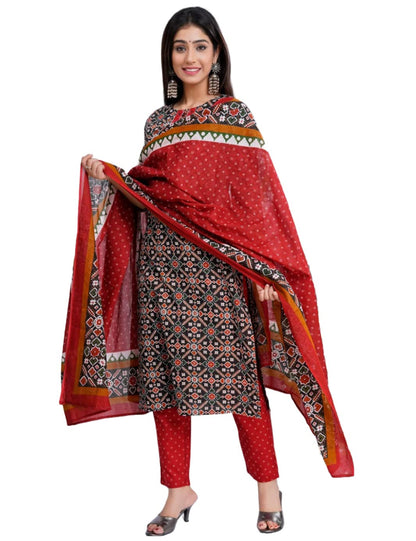 GoSriKi Women's Cotton Blend Straight Printed Kurta with Pant & Dupatta (Makshi-NW-GS)