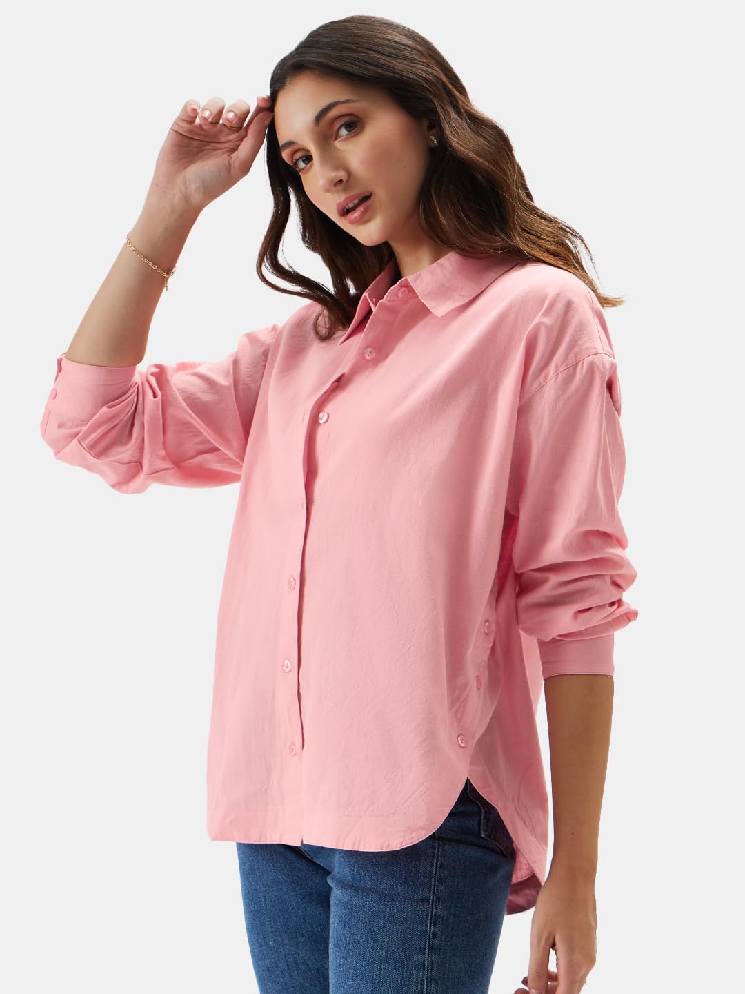 The Souled Store Solids: Pink Women and Girls Loose fit Full Sleeve Cotton and Linen Pink Color Women Boyfriend Shirts