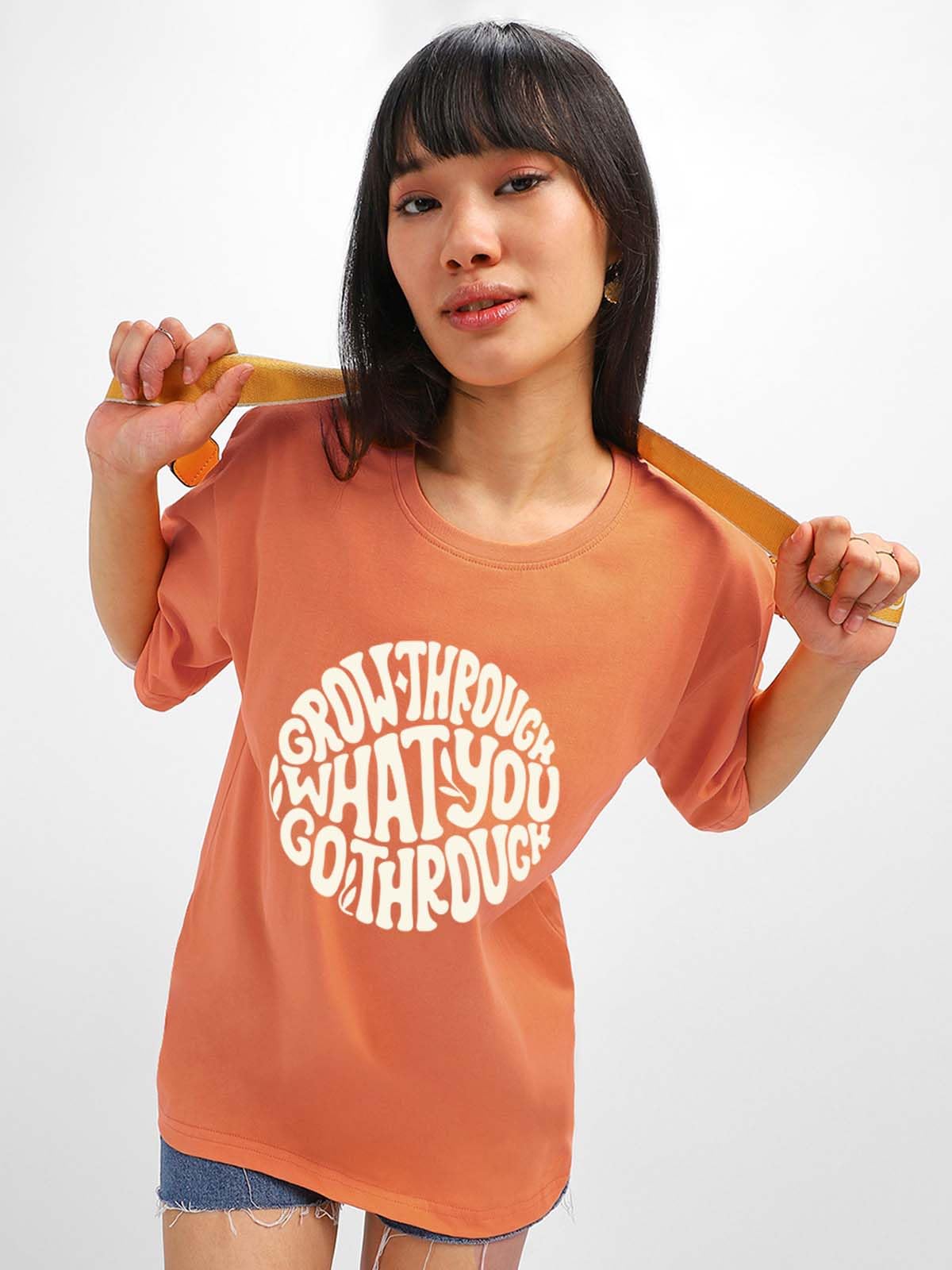 Juneberry WomenS Casual Pure Cotton Orange Printed Round Neck, Longline Drop Shoulder Loose Oversized T-Shirt |Oversized Tshirt