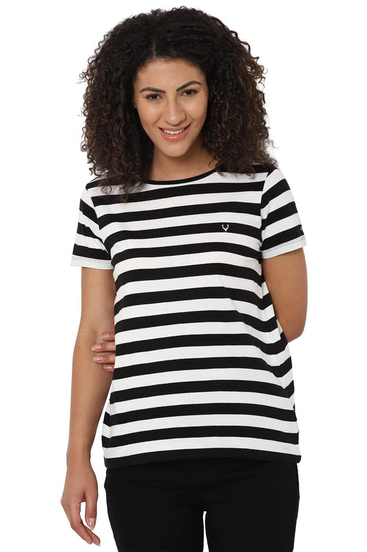 Allen Solly Women Regular Fit Striped Casual Cotton Short Sleeve T-Shirt