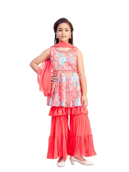 Aarika Girls Ethnic Wear Gajri Colour Floral Print/Hand Embriodery Georgette Kurti Sharara Set with Dupatta-(4-10 Years)-(SH-183