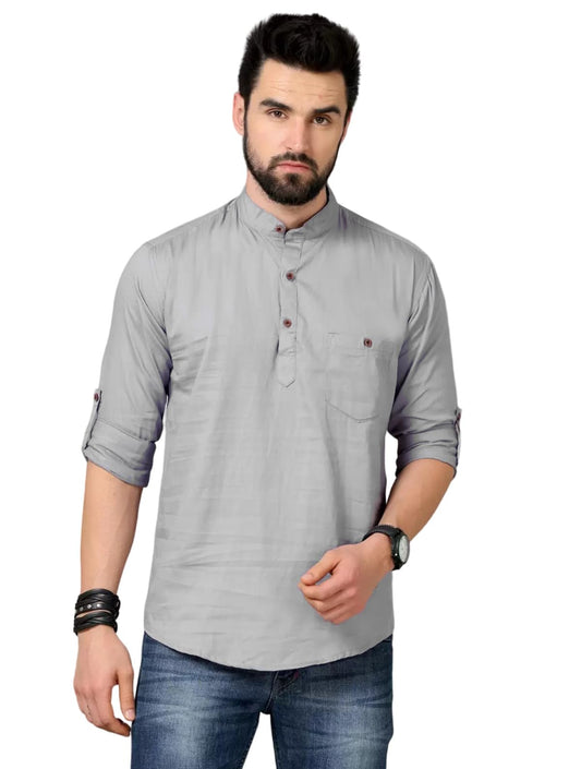 Deelmo MenS Regular Fit Solid Spread Collar Casual Shirt With A Trendy Mandarin Collar Crafted From A Premium Cotton Blend Grey