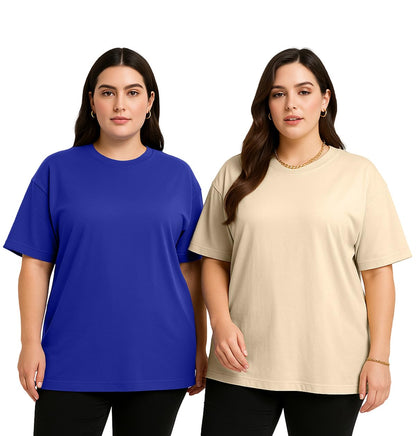 Juneberry 100% Pure Cotton Oversized Baggy Fit Drop Shoulder Solid Core Plus Size T-Shirt Combo For Women (Pack Of 2) (Po2_Jb_Ps