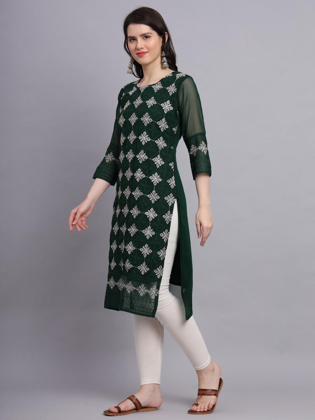 Ekasya WomenS Georgette Straight Cut Sweetheart Round Neck Kurta With Beautiful Lucknowi Chickenkari Embroidery Work (E1606) Da
