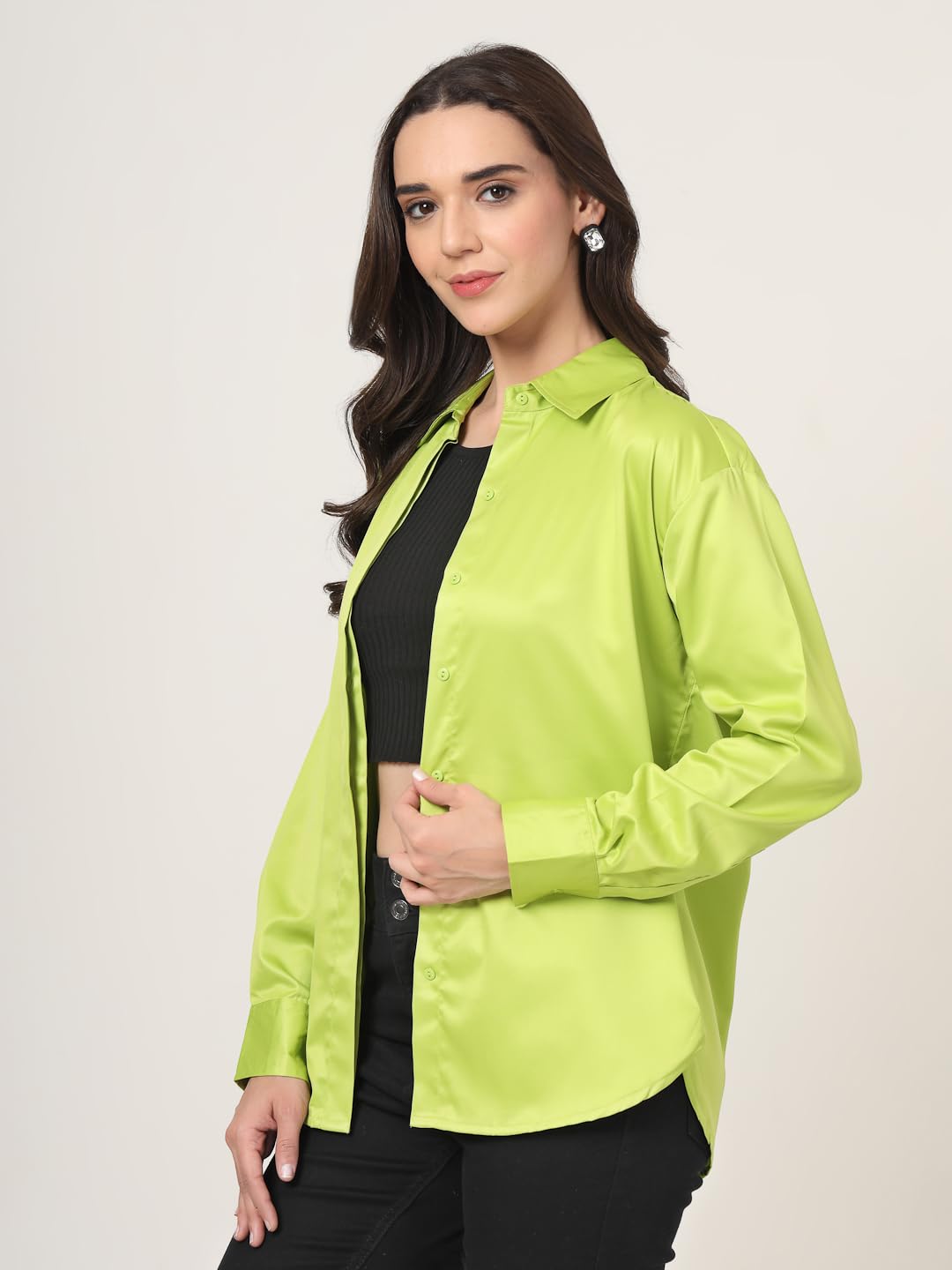 Style Quotient Women Solid Fluorescent Green Smart Casual Oversized Satin Shirt