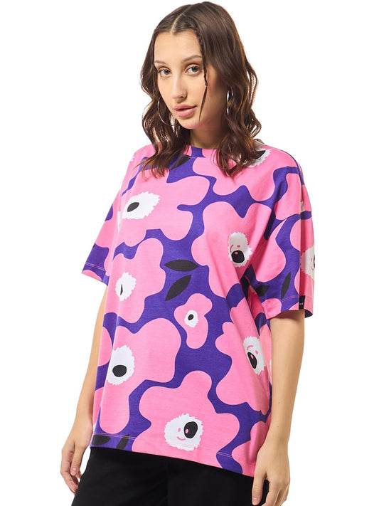 Bewakoof Womens All Over Printed Oversized Fit Half Sleeve Round Neck Pure Cotton T-Shirt_634050_Pink_M