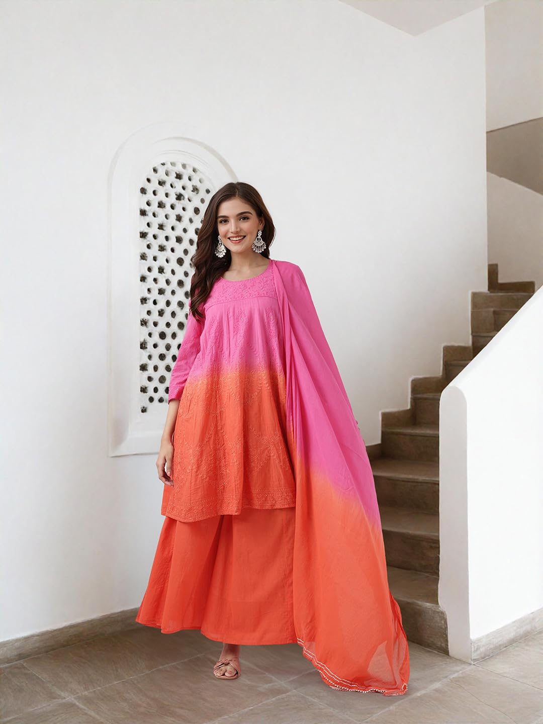 Ishin Ombre Dyed Threadwork Kurta With Pants And Dupatta