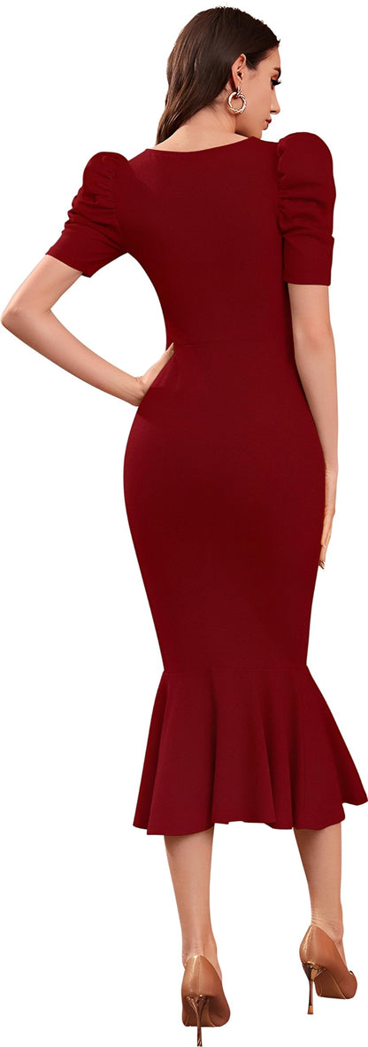 Satpurush WomenS Lycra Blend Sweet-Heart Neck Puff Sleeve Fit And Flared Calf Length Casual Bodycon Dress For Party, Office, Me