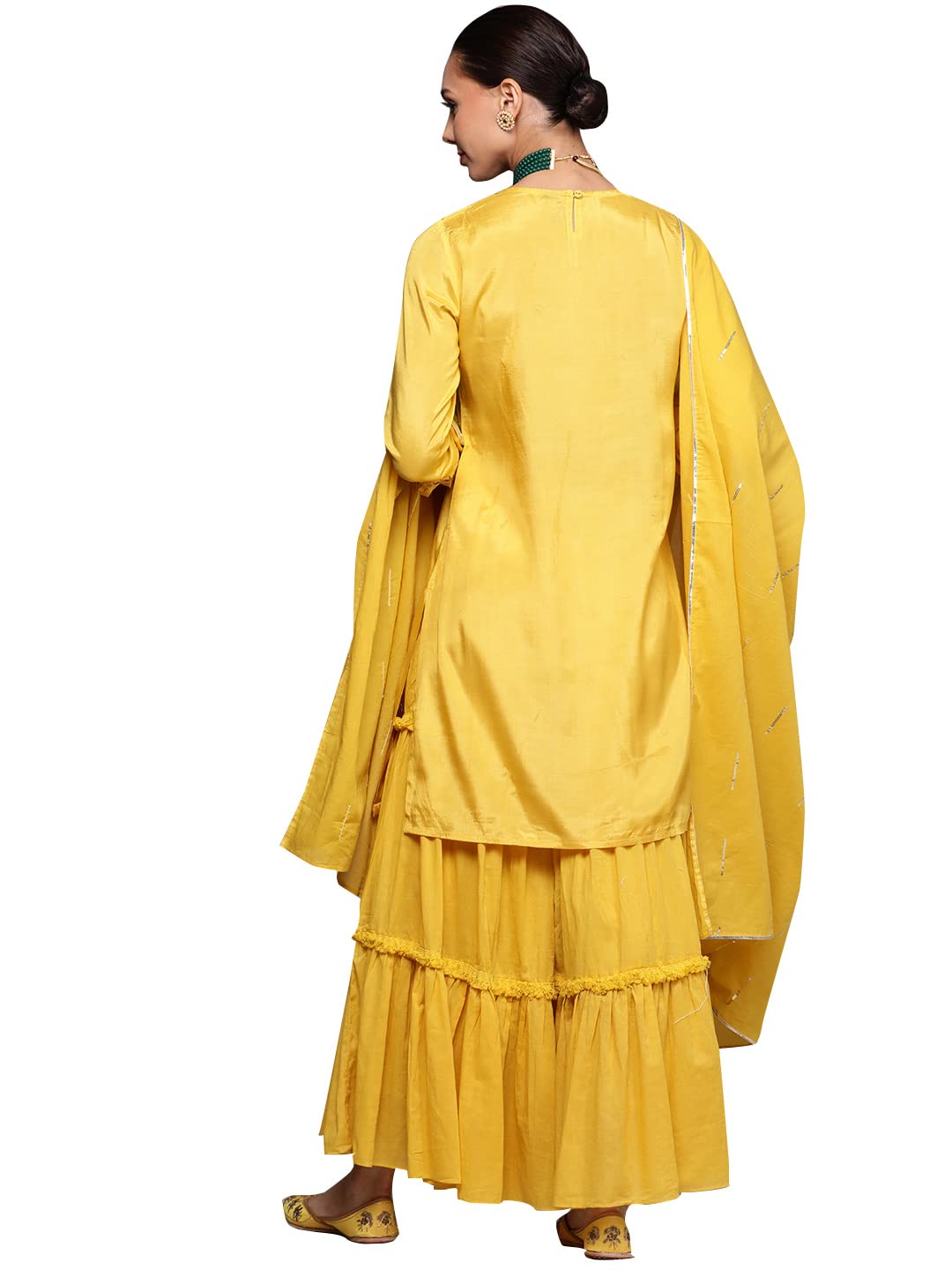 ishin Women's Yellow Embroidered Straight Kurta set With Sharara And Dupatta