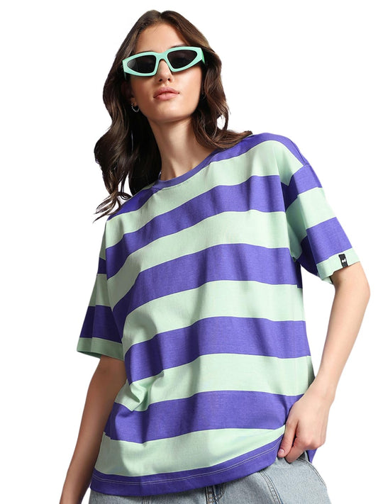 Bewakoof Womens Striped Cotton T-Shirt - Oversized Fit, Round Neck, Half Sleeves_580360_Blue & Green_XS