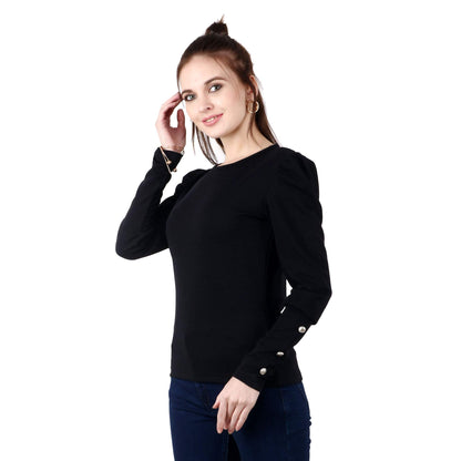 POPWINGS Casual Solid Puff Button Long Sleeves Slim Fit Tops for Women || Summer Round Neck and Stylish Western Black Top for Wo