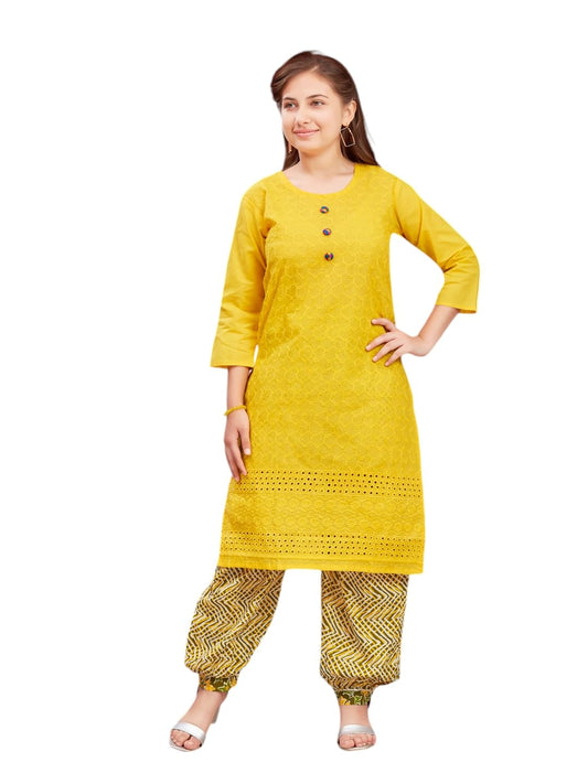 Aarika Girls Casual Wear Yellow Colour Embroidery Cotton Kurti (7-15 Years)