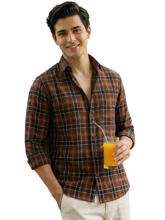 Bewakoof MenS Checked Regular Fit Full Sleeve Collar 100% Cotton Shirt_1500749_Brown_Xl