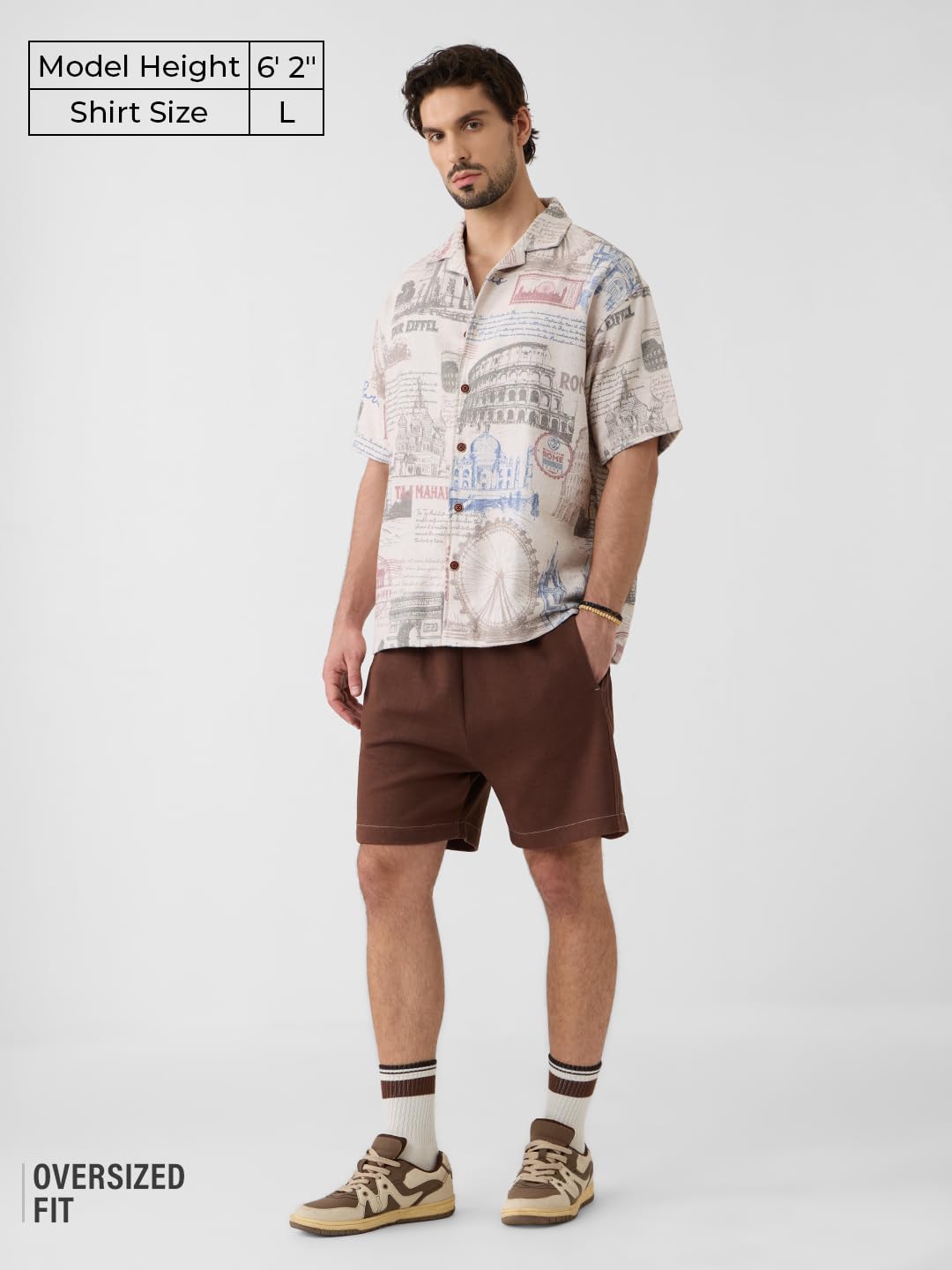 The Souled Store Hawaiian Shirt: Monuments Men and Boys Short Sleeves Collared Neck Button Front Grey All Over Printed Polyester