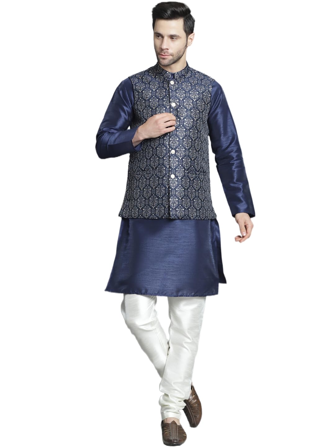 Jompers Mens Printed Nehru Jacket With Kurta Pyjama Set
