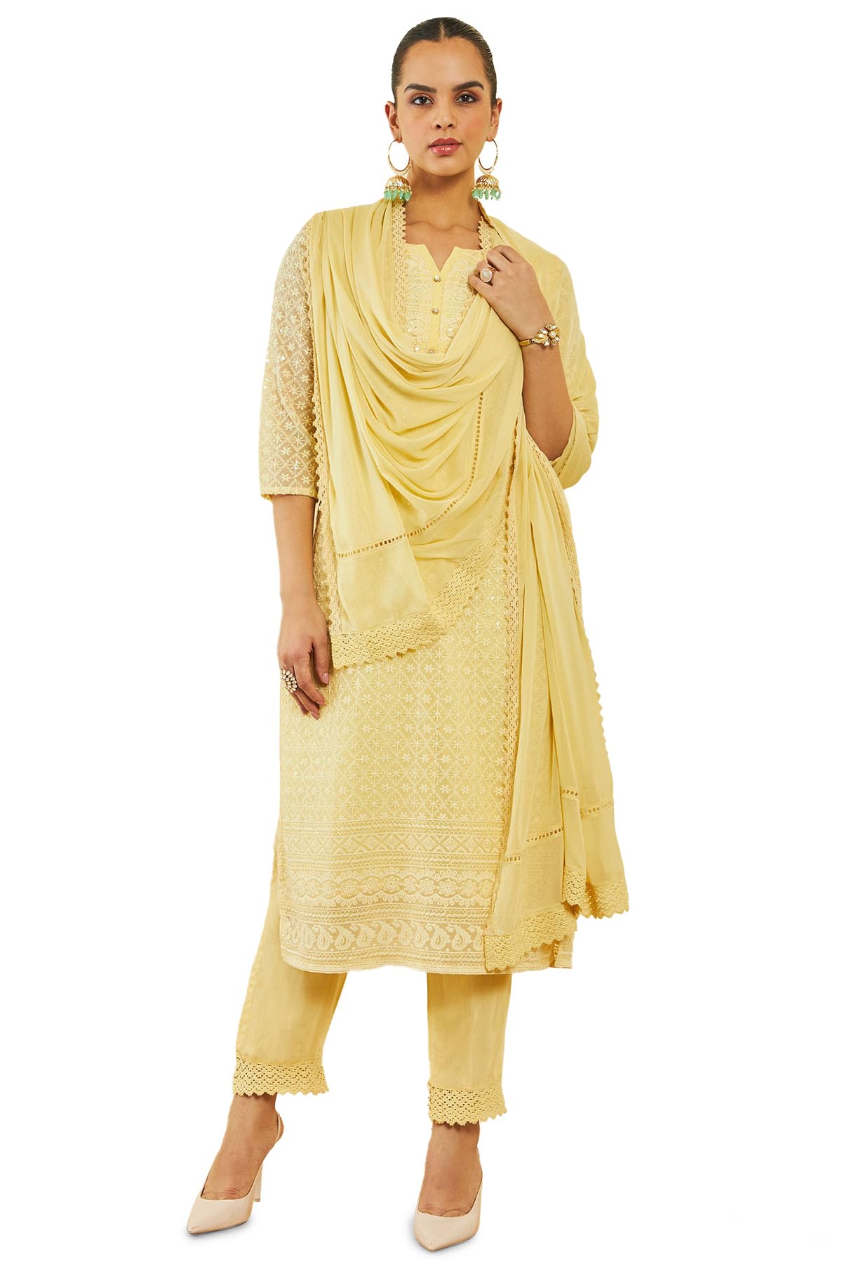 Soch Womens Light Yellow Georgette Suit Set With Self Embroidery And Sequins