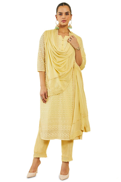 Soch Womens Light Yellow Georgette Suit Set With Self Embroidery And Sequins