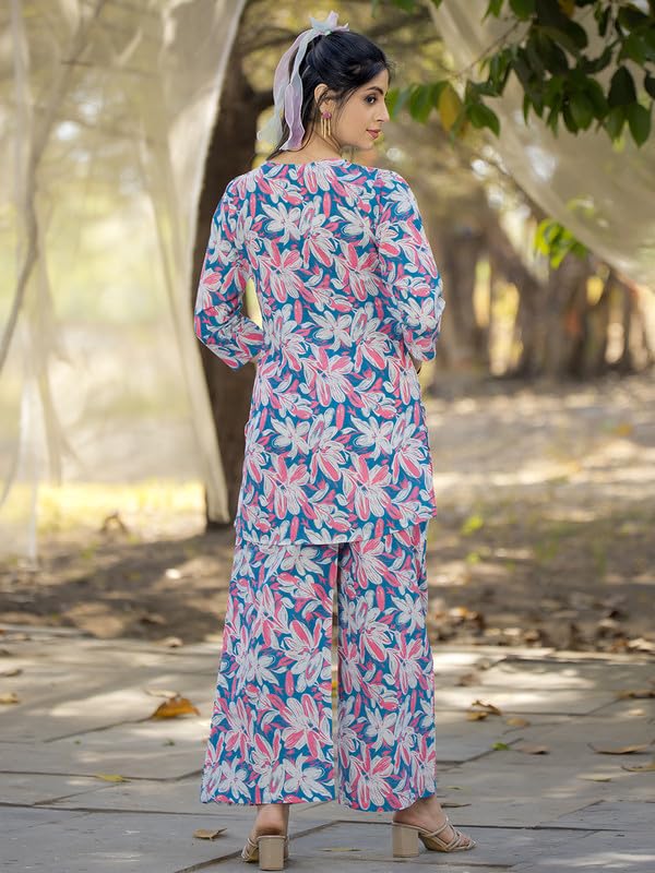Pinkmint WomenS Pure Cotton Co Ord Set L Flower Printed Co Ord Set L Stylish Pocket & 3/4 Sleeve Women Co-Ord Set