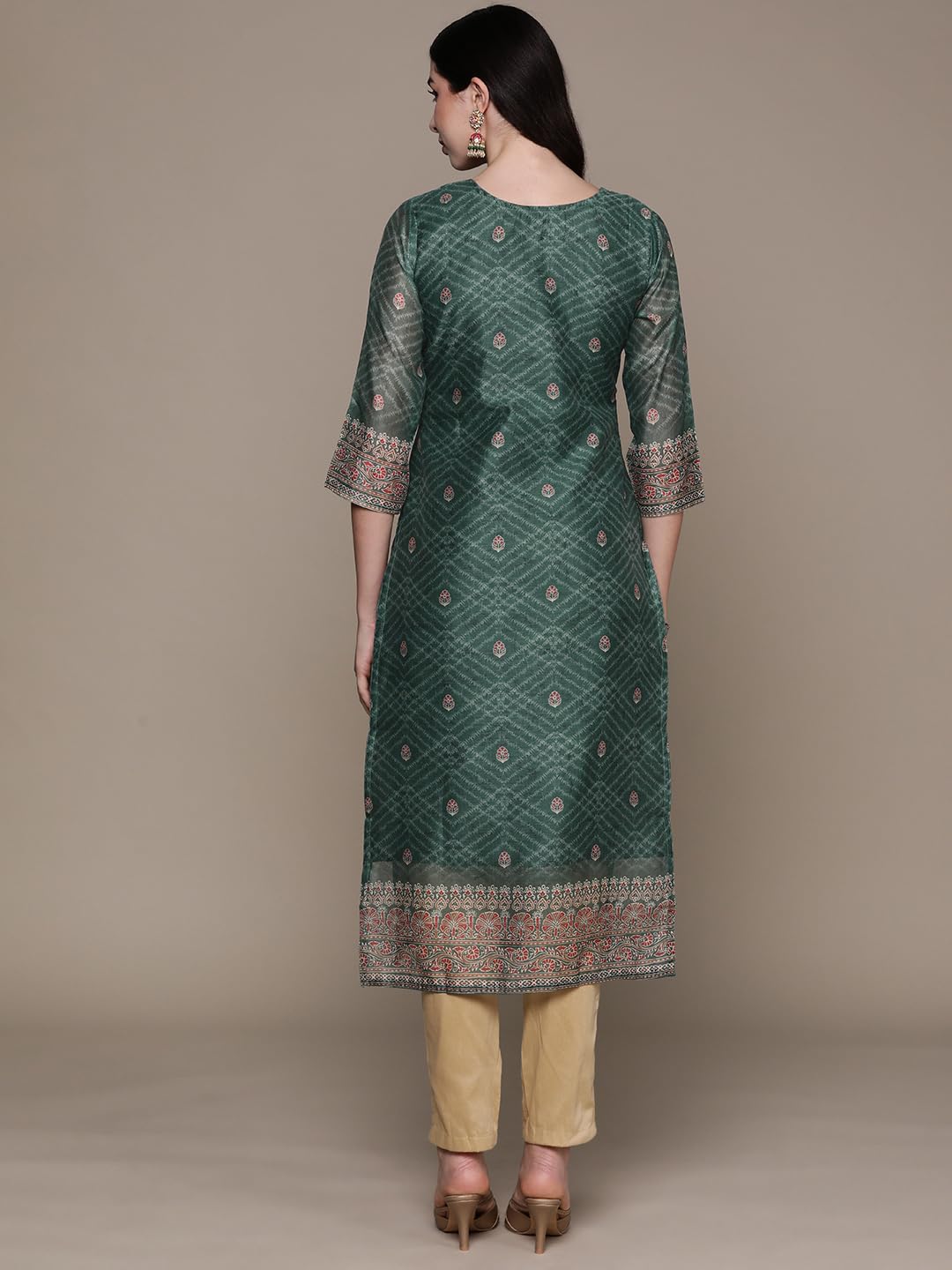 Ishin WomenS Silk Ethnic Motifs Green Straight Kurta