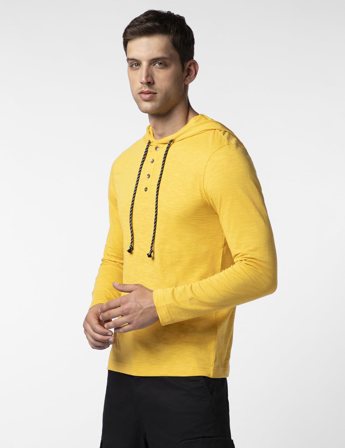 FYLTR Mens Casual Hoodie T-Shirt - Contrast Drawstring | Metal Button Accents | Casual Winterwear for Men Mellow Yellow