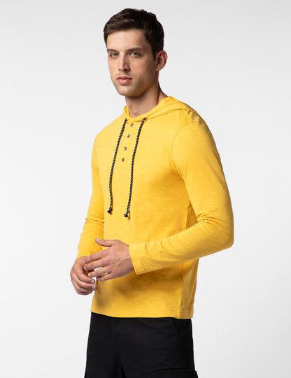 FYLTR Mens Casual Hoodie T-Shirt - Contrast Drawstring | Metal Button Accents | Casual Winterwear for Men Mellow Yellow