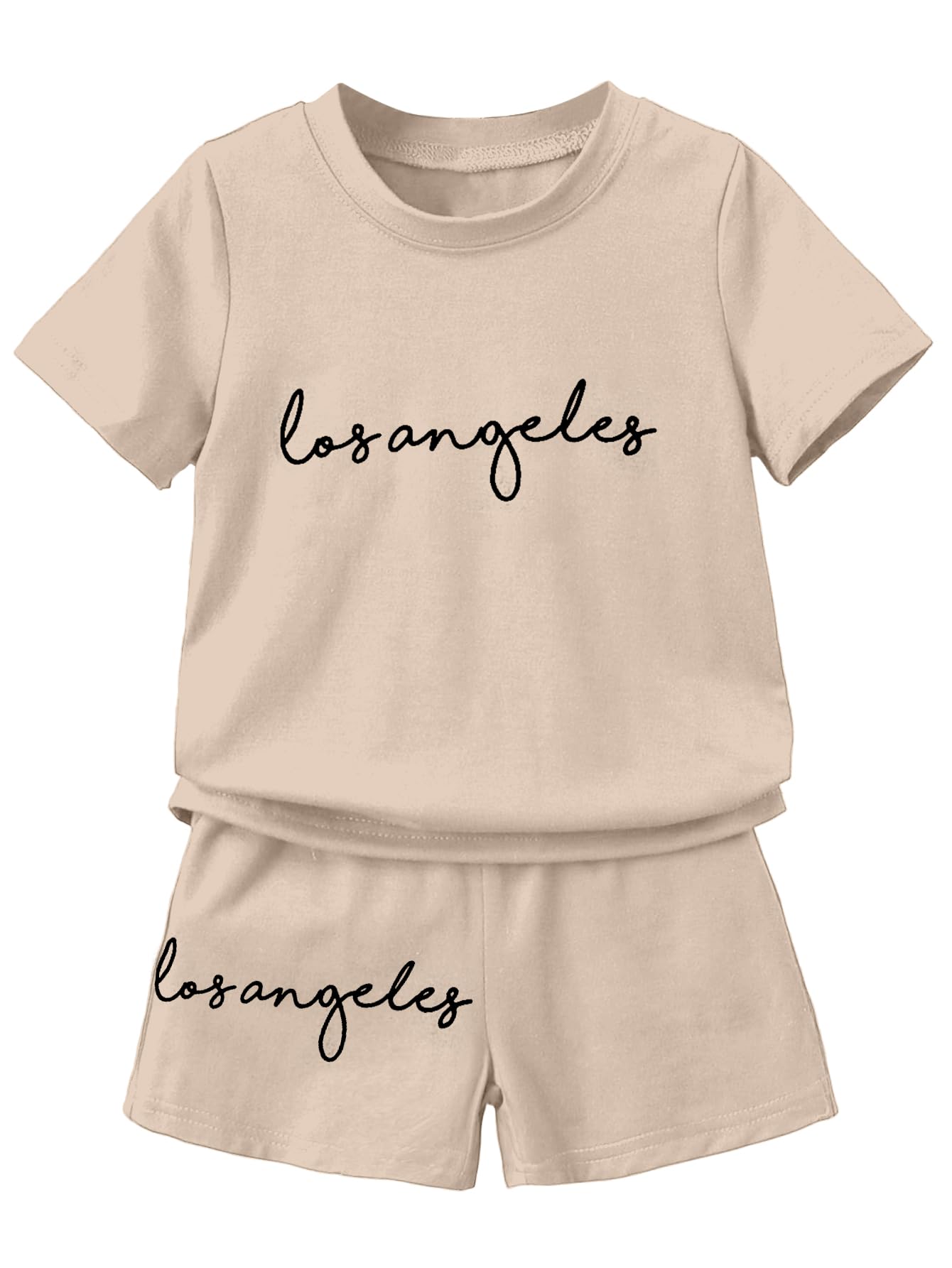AVANOVA Boys Mehandi 2pcs Young Boy Loose Comfortable T-Shirt With Los Angeles Print And Shorts, Casual Cute Style Suitable For