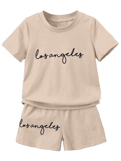 AVANOVA Boys Mehandi 2pcs Young Boy Loose Comfortable T-Shirt With Los Angeles Print And Shorts, Casual Cute Style Suitable For