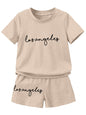 AVANOVA Boys Mehandi 2pcs Young Boy Loose Comfortable T-Shirt With Los Angeles Print And Shorts, Casual Cute Style Suitable For