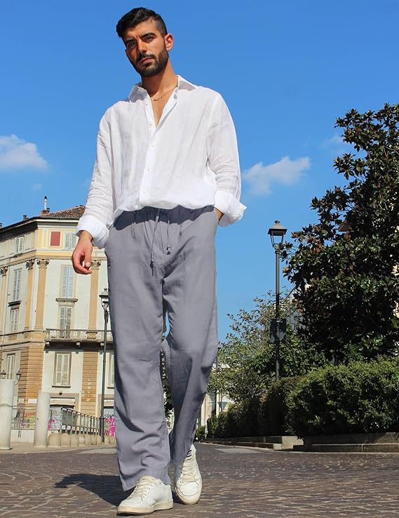 CB-COLEBROOK Mens Casual Linen Pants Elastic Waist Pants Drawstring Summer Beach Yoga Linen Trouser | Loose Fit Track Pants (in,