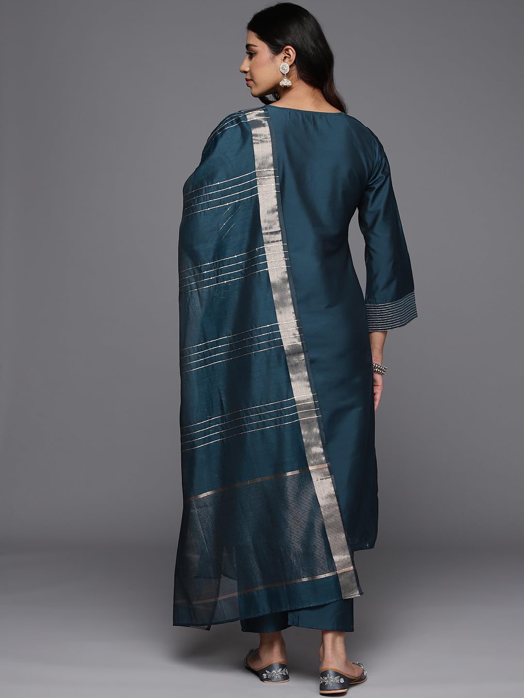 Libas Gerua Womens Solid Silk Blend Straight Kurta With Trousers And Dupatta