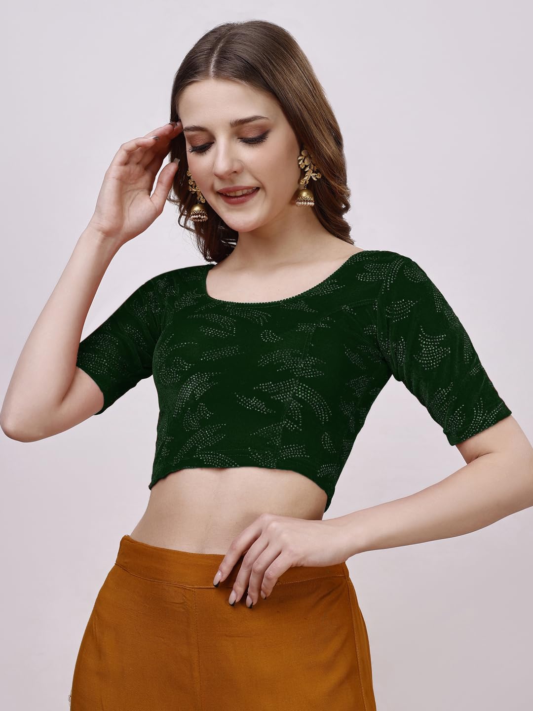 Vihu Fashion Womens Readymade Hosiery Velvet Lycra Stretchable Round Neck Half Sleeve Blouse Fancy Green Color Lycra Stretchabl