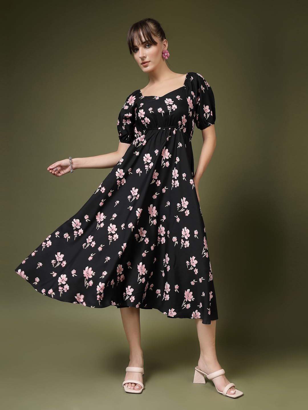 Oomph! Flared Dress For Women Stylish | Long One Piece For Women | Puff Sleeve Long Dress | Floral Print Maxi One Piece | Wester