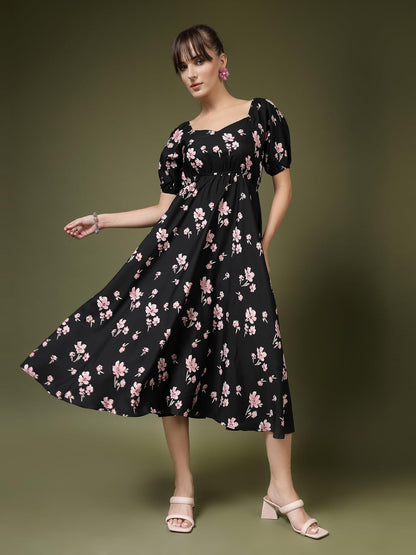 Oomph! Flared Dress For Women Stylish | Long One Piece For Women | Puff Sleeve Long Dress | Floral Print Maxi One Piece | Wester