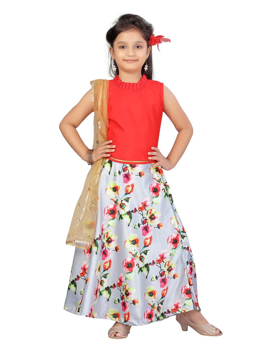 Aarika Girl's Silk Lehenga Choli Set (NV-LCH-18361_Red-Grey_14-15 Years)