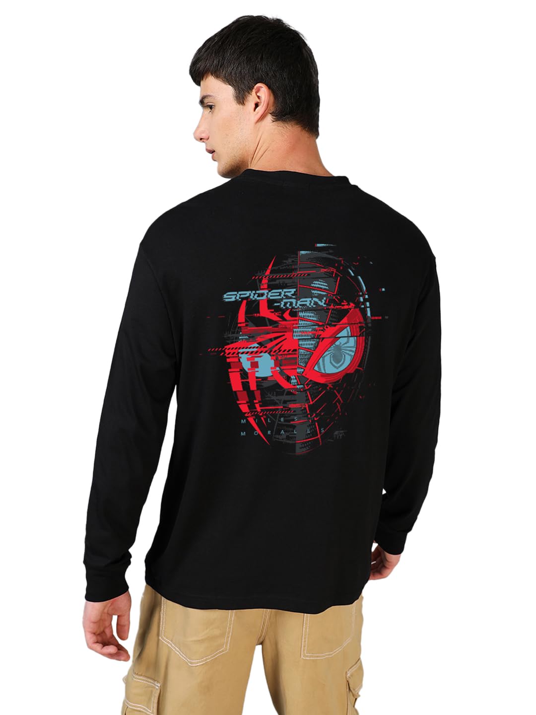 Bewakoof Official Marvel Merchandise Mens Graphic Printed Oversized Fit Full Sleeve Round Neck Cotton Jersey T-Shirt 636662 Bla