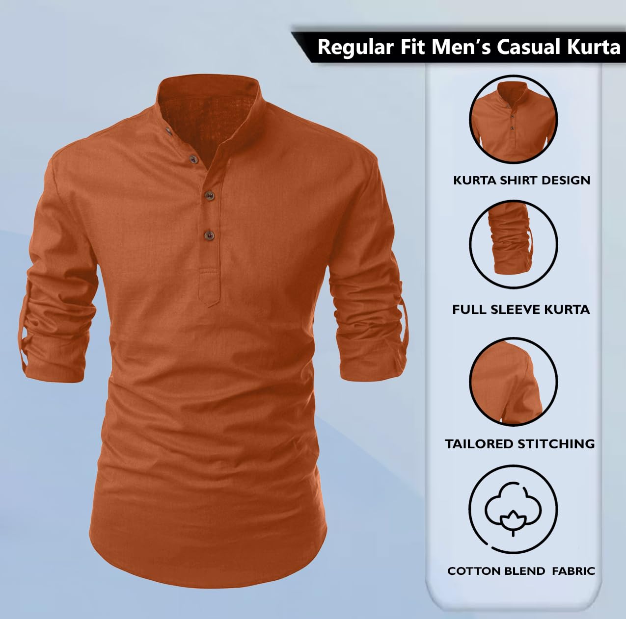Zombom MenS Solid Cotton Blend Casual Regular Fit Mandarin/Chinese Collor Full Sleeve Kurta Shirt For Men Brown