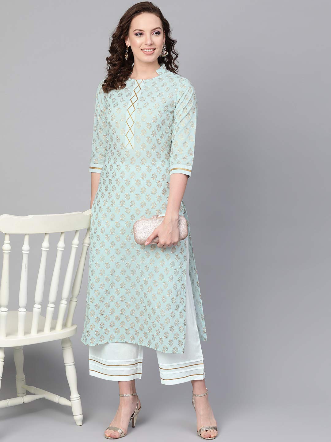 Idalia WomenS Sky Blue Khari Gold Printed Straight Cotton Kurta Set With Pant