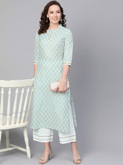 Idalia WomenS Sky Blue Khari Gold Printed Straight Cotton Kurta Set With Pant
