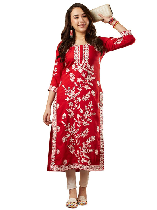 ANNI DESIGNER Women's Cotton Blend Chikankari Embroidered Straight Kurta