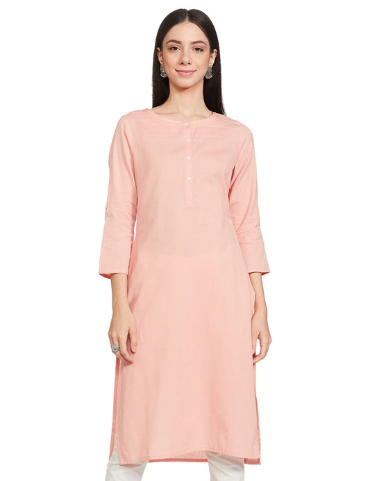 W for Woman Women's Cotton Straight Fit Straight Round Neck Solid Kurta