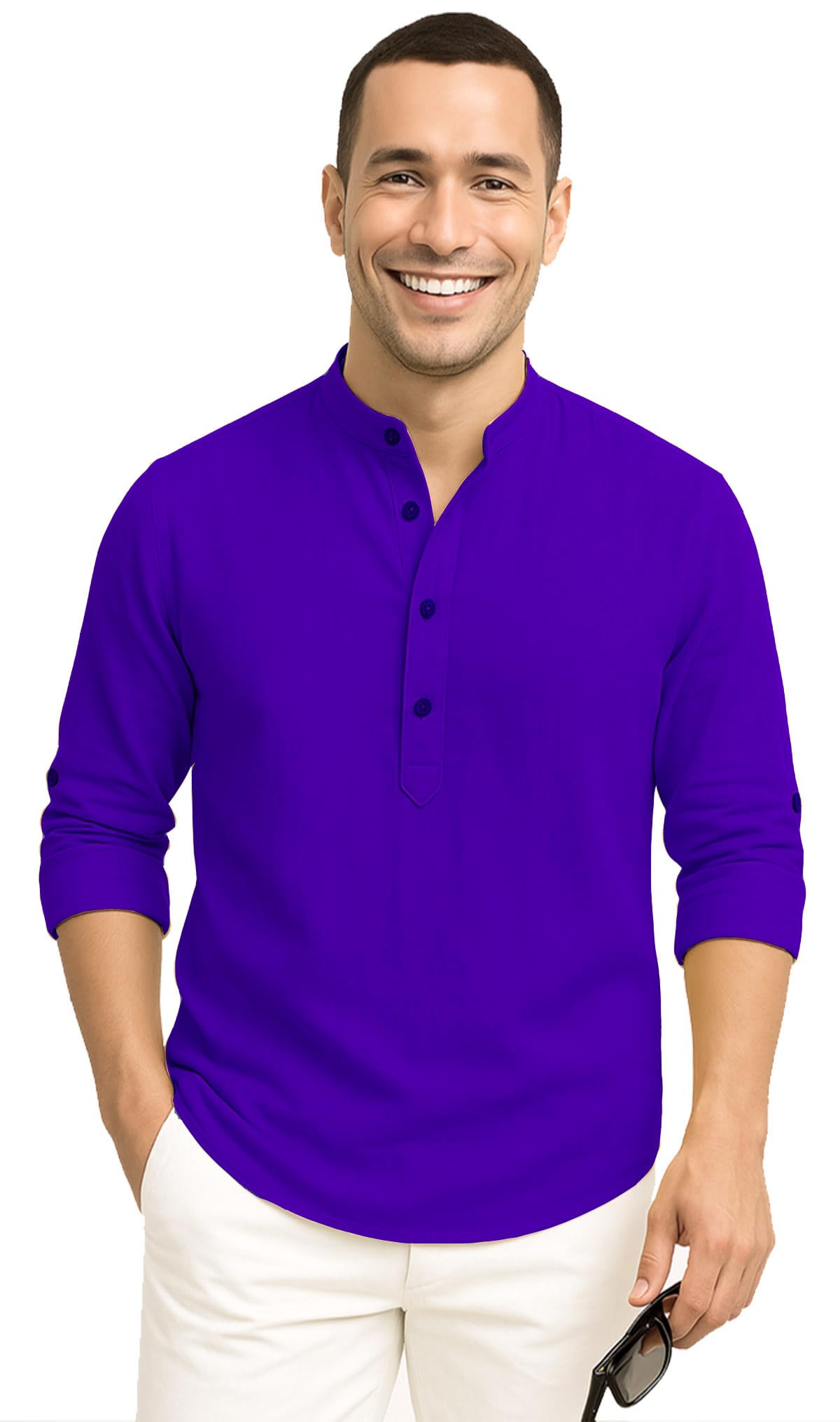 Deelmo MenS Cotton Blend Solid Regular Fit Full Sleeve Short Kurta | MenS Trendy Short Kurta Royal Blue
