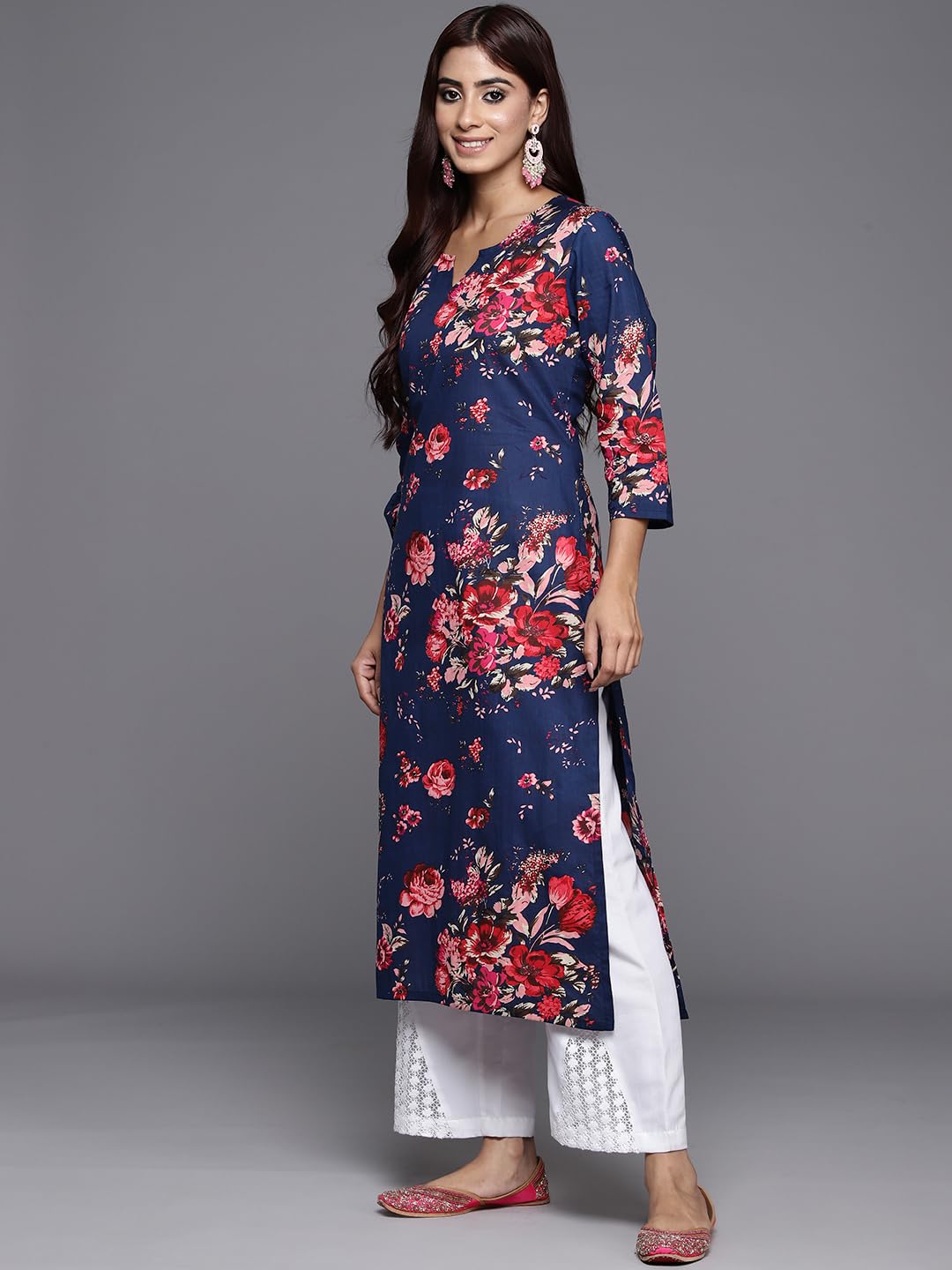 Varanga WomenS Blue Floral Printed Straight Kurta - Stylish Ethnic Wear | Elegant Traditional Attire For Festive And Casual Occ