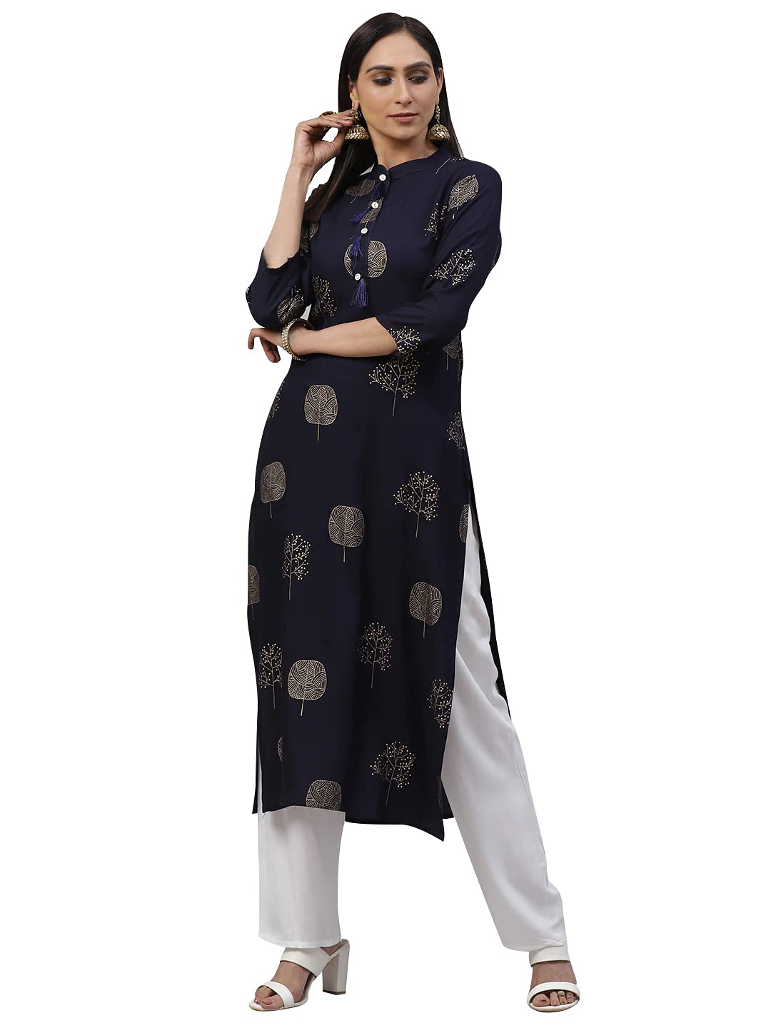 ANNI DESIGNER Womens Rayon Kurti with Palazzo (PAN FLOWER-02_Navy Blue_Small)