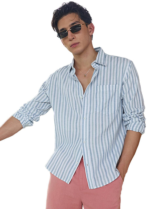 Bewakoof Mens Striped Regular Fit Full Sleeve Collared Neck Cotton Linen Blend Shirt_677621_White_XL