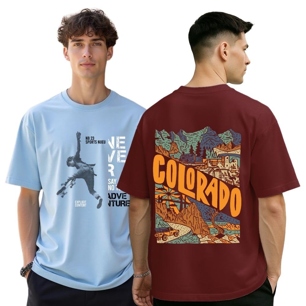 Nobero MenS Graphic Oversized Fit T-Shirt (1M-Twrt-C0869-X_Powder Blue/Wine Red