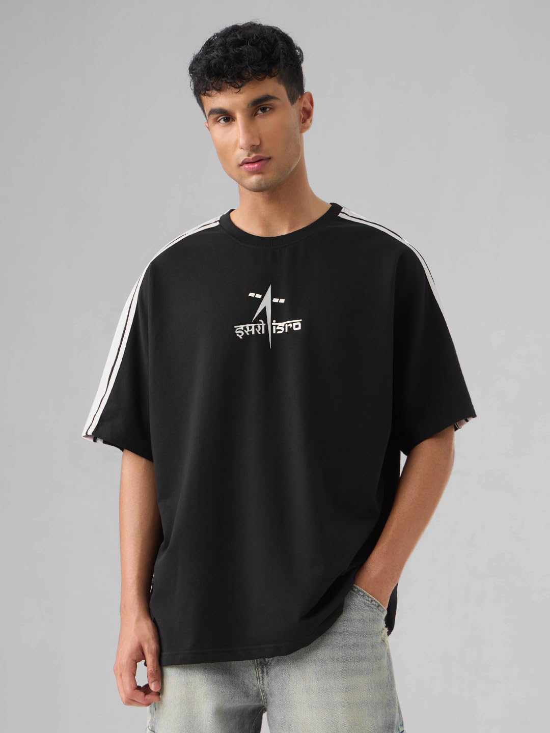 The Souled Store ISRO: to The Moon Men and Boys Short Sleeves Round Neck Black Graphic Printed Cotton Oversized T-Shirts