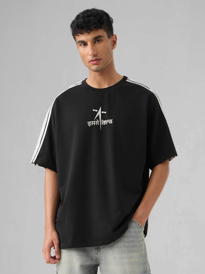 The Souled Store ISRO: to The Moon Men and Boys Short Sleeves Round Neck Black Graphic Printed Cotton Oversized T-Shirts